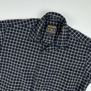 Woolrich Mens Button Up Shirt Striped Short Sleeve Casual‎ Navy Plaid Cotton L
